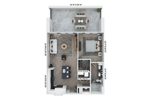 A floor plan of a small apartment with a kitchen, living room, and bathroom.